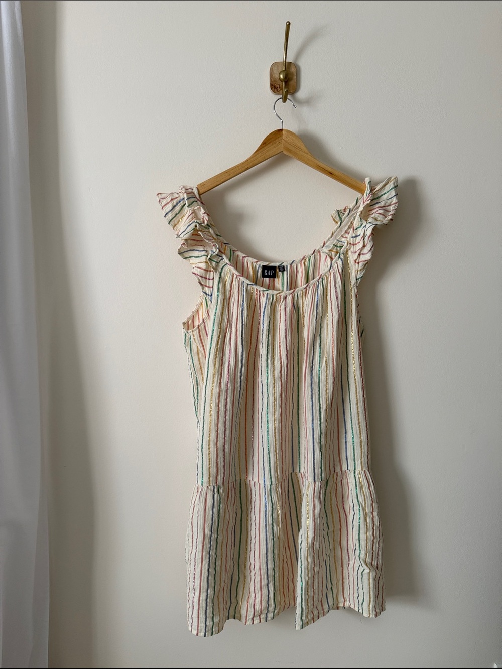GAP Cream Drop Waist Gauze Dress with Metallic multicolour Stripes